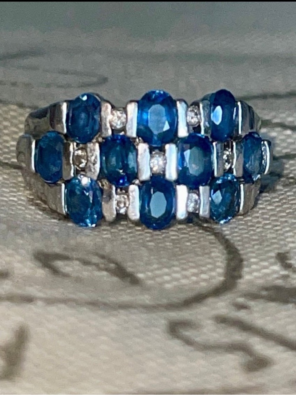 Platinum Blue Sapphire & Diamond Multi-Row Ring - Picture 3 of 11
